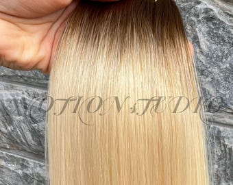Extensión de cabello ruso con trama de 20 pulgadas T3/60, con balayage de raíz y rubio castaño