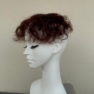 May include: A dark auburn hairpiece with short, curly strands. The hairpiece is displayed on a white mannequin head, showcasing the style and color. The hairpiece is designed to add volume and texture.
