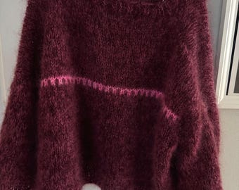Handmade Chunky Mohair Knit Sweater, burgundy and pink color, long sleeve