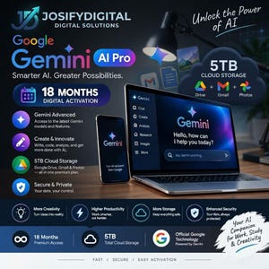 May include: A digital promotional graphic for Google Gemini AI Pro featuring a laptop and smartphone displaying the Gemini interface. Text includes 18 Months Digital Activation, 5TB Cloud Storage for Drive, Gmail, and Photos, and the slogan Smarter AI. Greater Possibilities.