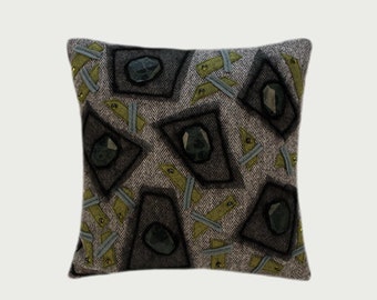 Decorative Pillow case, Throw pillow case with Stones & Beads, Grey, Green, Black color, fits 18"x18" insert, Cushion case, Toss pillow case