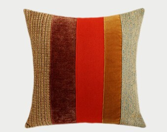 Decorative pillow case, Orange, Beige, Brown color fabrics, Throw pillow case, fits 18" x 18" insert, Cushion case, Toss case