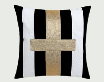 Decorative Pillow Case, Cotton Black-White Throw pillow case with gold color accent, 16" x 16", Cushion case, Toss pillow case.