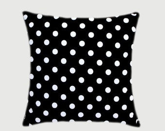 Cotton Black Throw pillow case with white Polka Dots and same cotton back side, fits 20" x 20" insert, Cushion case, Toss pillow case.