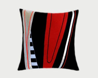Decorative Pillow Case, Black, Red, Silver fabrics combination Throw pillow case, fits 18"x18" insert, Toss pillow case