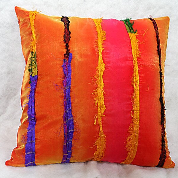 Original handmade design red orange striped throw pillow case