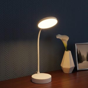 May include: A white desk lamp with a round base and a curved neck supporting a flat, oval light. The lamp is on a wooden surface, next to a white geometric vase with a calla lily and a framed landscape photo.