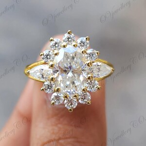 Vintage Sunburst Halo 2CT Oval Cut Lab Grown Engagement Ring with Accent Pear Cut Side Stone 14k Gold Split Shank Art Deco Ring Gift for Her
