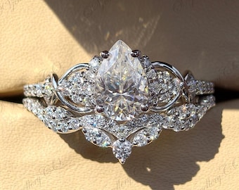 2CT Pear Moissanite Engagement Ring Set 14K Gold Ring Bridal Set Nature Inspired Floral Wedding Ring Unique Promise Diamond Ring For Women