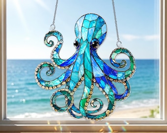 Blue Octopus Acrylic Suncatcher, Octopus Window Hanging, Nautical Home Decor, Ocean Lover Gift