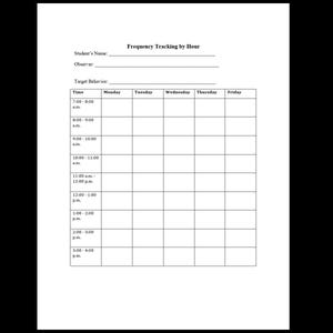 May include: A white paper with a table titled "Frequency Tracking by Hour." The table has columns for Monday through Friday and rows for time slots from 7:00 a.m. to 4:00 p.m. There are also fields for student's name and observer.