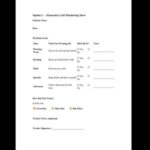 Puede incluir: Una hoja de autoevaluación blanca para estudiantes de primaria. La hoja incluye secciones para el nombre del estudiante, la fecha, los objetivos diarios y una sección para rastrear si se cumplieron los objetivos. También tiene una sección para notas y firma del maestro.