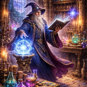 May include: A wizard in a blue robe and hat with a long white beard, holding a glowing orb and a book. The scene is set in a stone room with candles, potions, and a window overlooking a landscape.