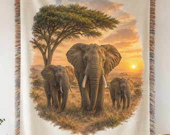 Personalized Family Name Woven Blanket, Custom Throw With Last Name and Est Year, Wedding Gift For Couple, Cotton Anniversary Gift, Elephants