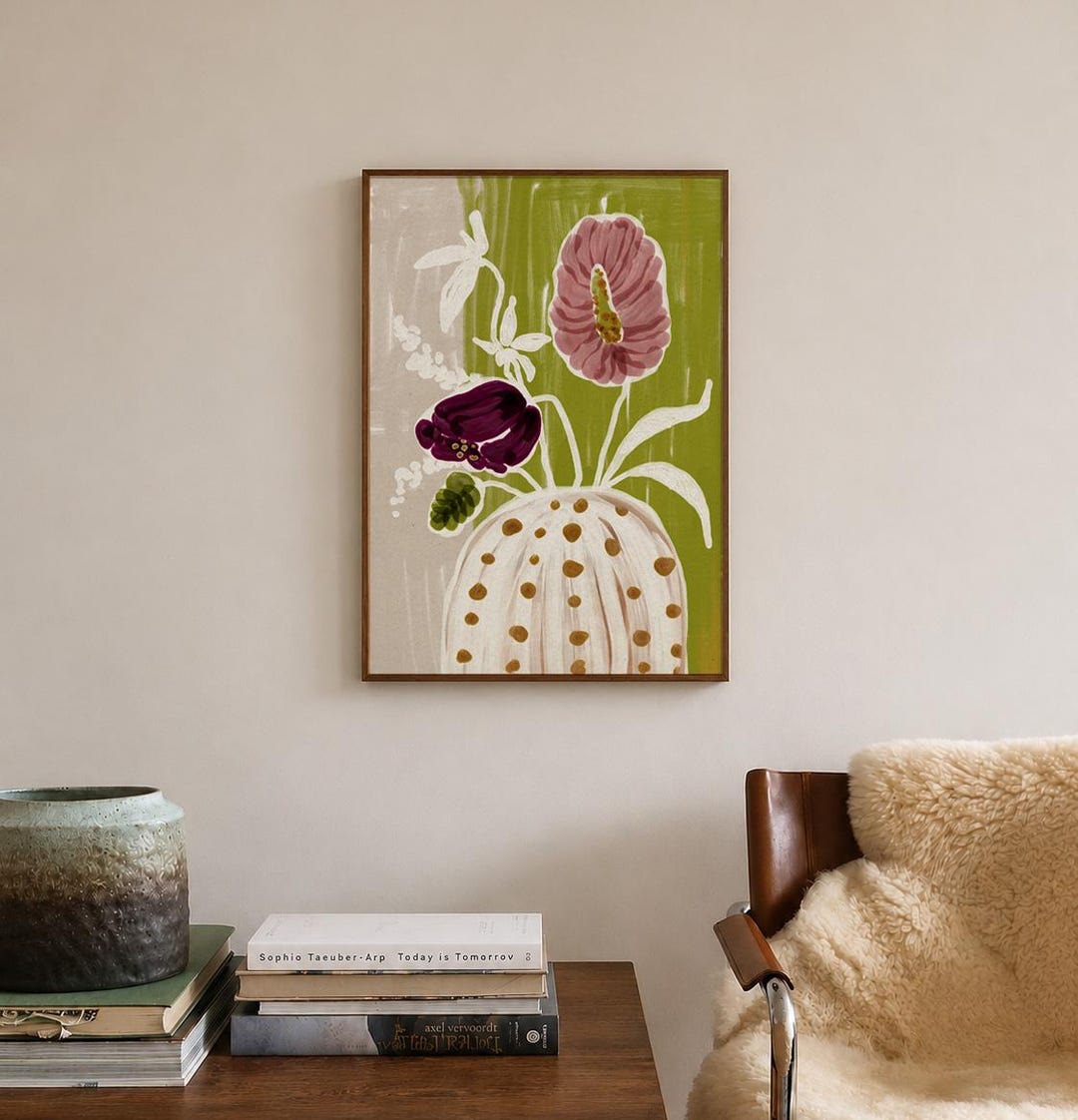 Abstract Floral Vase Print, Olive Green Botanical Wall Art, Vintage Art ...
