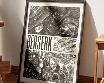 Op de afbeelding: Een ingelijste zwart-wit print met illustraties uit de mangaserie "Berserk". De print toont gedetailleerde illustraties van personages en scènes, met de titel "BERSERK" prominent weergegeven. Japanse tekst is ook inbegrepen.