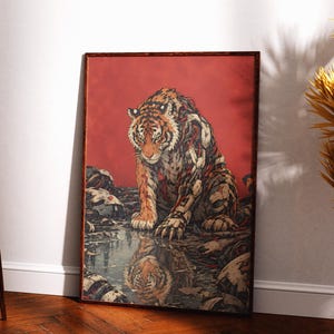 Póster de tigre cíborg, arte mural de tigre ciberpunk, lámina de animal biomecánico, decoración de tigre robot de ciencia ficción, arte mural futurista rojo