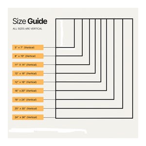 May include: A size guide chart featuring black outlines of nested rectangles on a light background. Text includes Size Guide, ALL SIZES ARE VERTICAL, and specific dimensions in inches: 5x7, 8x10, 11x14, 12x16, 12x18, 16x20, 18x24, 20x30, and 24x36.