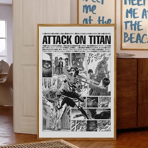 May include: A rectangular poster featuring black and white manga panels from Attack on Titan. The design includes Japanese text at the top, a central action scene of a character in gear, and various smaller panels depicting characters and city scenes.