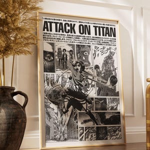 May include: A framed Attack on Titan manga poster featuring black and white panels with Japanese text, including a central illustration of a character in combat gear wielding blades, set against a light background with bold title text at the top.
