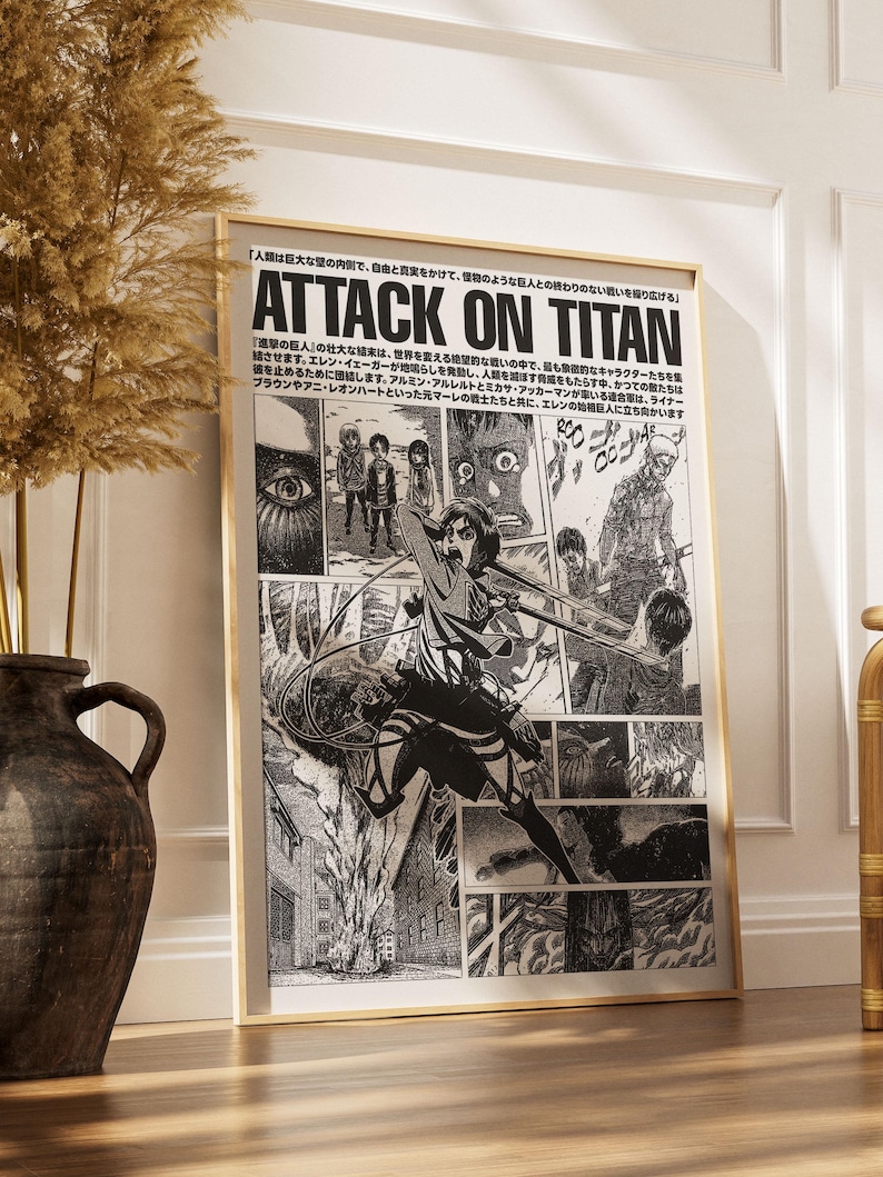 May include: A framed Attack on Titan manga poster featuring black and white panels with Japanese text, including a central illustration of a character in combat gear wielding blades, set against a light background with bold title text at the top.