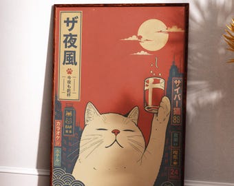 Può includere: Una stampa artistica rettangolare raffigurante un gatto color crema che solleva un bicchiere su uno sfondo rosso con luna piena, sagome di grattacieli e testo giapponese tra cui "ザ夜風" e "サイバー猫88", con motivi a onde blu sul fondo.