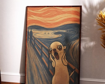 Peut inclure: Une impression d'art murale encadrée rectangulaire représentant une parodie du tableau Le Cri. Un chihuahua beige aux yeux écarquillés et à la gueule ouverte se tient au premier plan, imitant la pose iconique devant un ciel orange tourbillonnant.