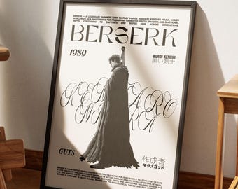 Op de afbeelding: Een ingelijste poster met een zwart-witte illustratie van een personage met een groot zwaard, getiteld BERSERK. De tekst bevat 1989, GUTS en beschrijvende paragrafen over de mangaserie van Kentaro Miura op een crèmekleurige achtergrond.
