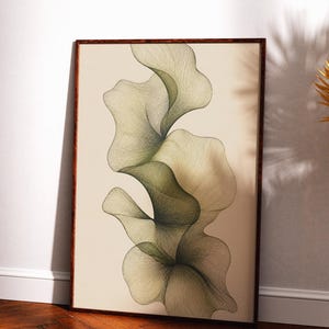 May include: A framed wall art print featuring an abstract design of flowing, layered organic shapes in shades of sage green and cream. The artwork consists of fine, intricate line work that creates a sense of depth and movement within the composition.