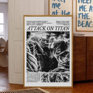 May include: A framed black and white Attack on Titan poster. The poster features manga-style illustrations of characters in action. The title "ATTACK ON TITAN" is prominently displayed. Two other framed posters with the text "meet me at the beach" are visible.