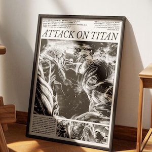 May include: Framed black and white Attack on Titan poster. The poster features manga-style illustrations of characters in action, with the title "ATTACK ON TITAN" prominently displayed. The artwork is detailed and dynamic, with Japanese text.