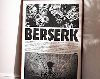 May include: Framed black and white Berserk poster. The top of the poster features a collection of screaming faces. The word "BERSERK" is printed in large, bold letters. The bottom of the poster features a detailed illustration of a character.