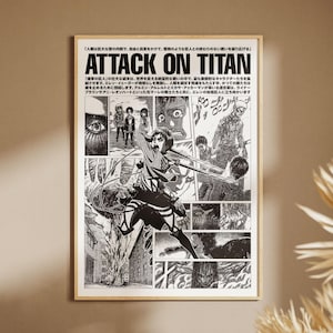 May include: A rectangular poster in a light wood frame featuring black and white manga panels from Attack on Titan. The artwork displays various characters, action scenes, and Japanese text, including the title ATTACK ON TITAN at the top.