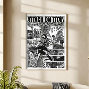 May include: A framed black and white poster featuring Attack on Titan manga panels. The artwork displays various characters, intense action scenes, and Japanese text at the top. The print is enclosed in a light-colored wooden frame, showcasing a collage of detailed illustrations from the series.