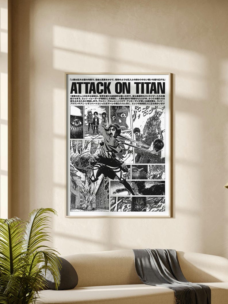 May include: A framed black and white poster featuring Attack on Titan manga panels. The artwork displays various characters, intense action scenes, and Japanese text at the top. The print is enclosed in a light-colored wooden frame, showcasing a collage of detailed illustrations from the series.