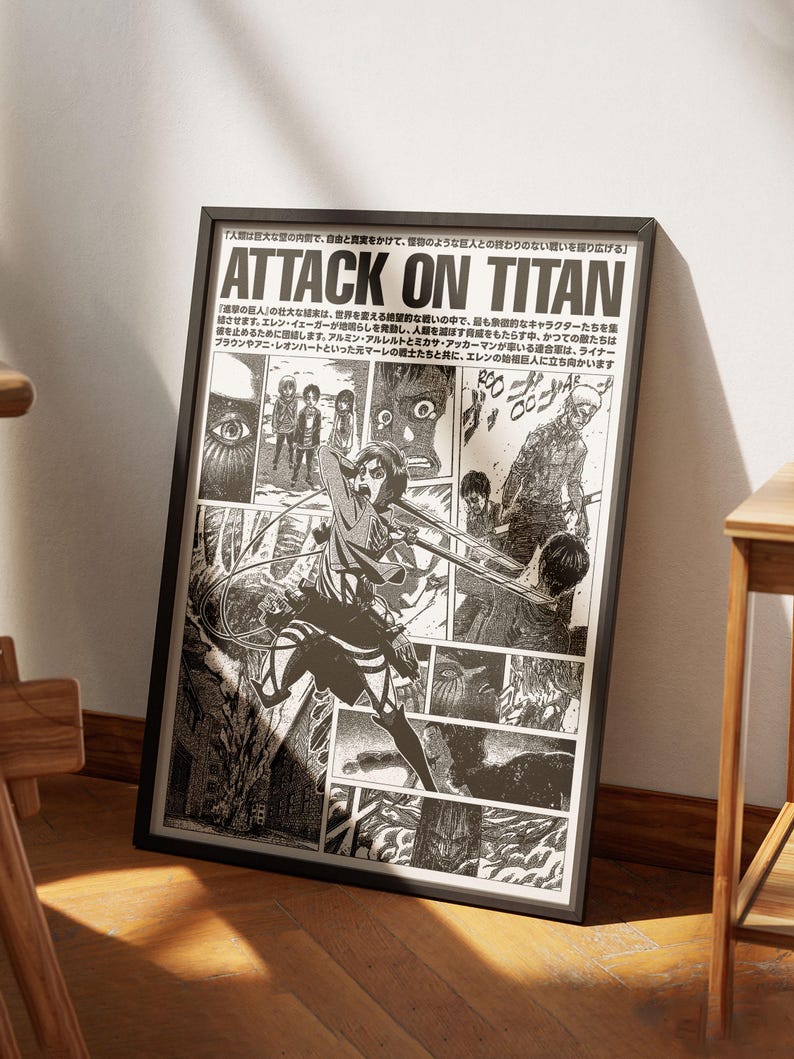 May include: A framed black and white poster featuring Attack on Titan manga panels. The artwork displays various characters and action scenes with Japanese text at the top. The poster is enclosed in a thin black frame with a clean, rectangular design.