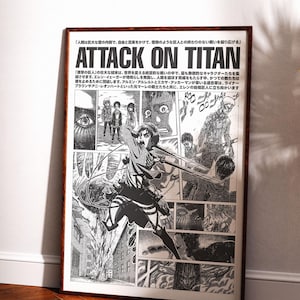 May include: A framed poster featuring black and white manga panels from Attack on Titan. The top displays the title in bold text followed by Japanese script. The artwork depicts various characters, intense battle scenes, and detailed action sequences.