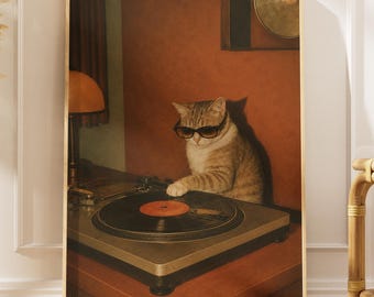 May include: A framed wall art print featuring a tabby cat wearing dark sunglasses, standing at a vintage record player with a black vinyl disc. The scene is set in a room with warm, reddish-brown walls, a table lamp, and a gold-toned record.
