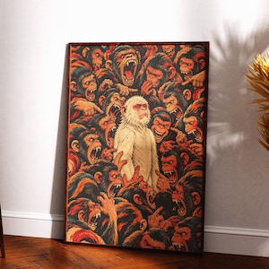 May include: A rectangular framed wall art print featuring a central white monkey surrounded by a dense crowd of dark-furred monkeys with orange and red highlights. The surrounding monkeys have open mouths and are pointing fingers toward the white monkey.