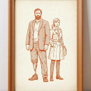 以下が含まれることがあります： 男性と女性が並んで立っているイラスト。男性は義足でスーツを着ており、女性はコートを着ています。オレンジと茶色の色合いで、木製のフレームに入っています。