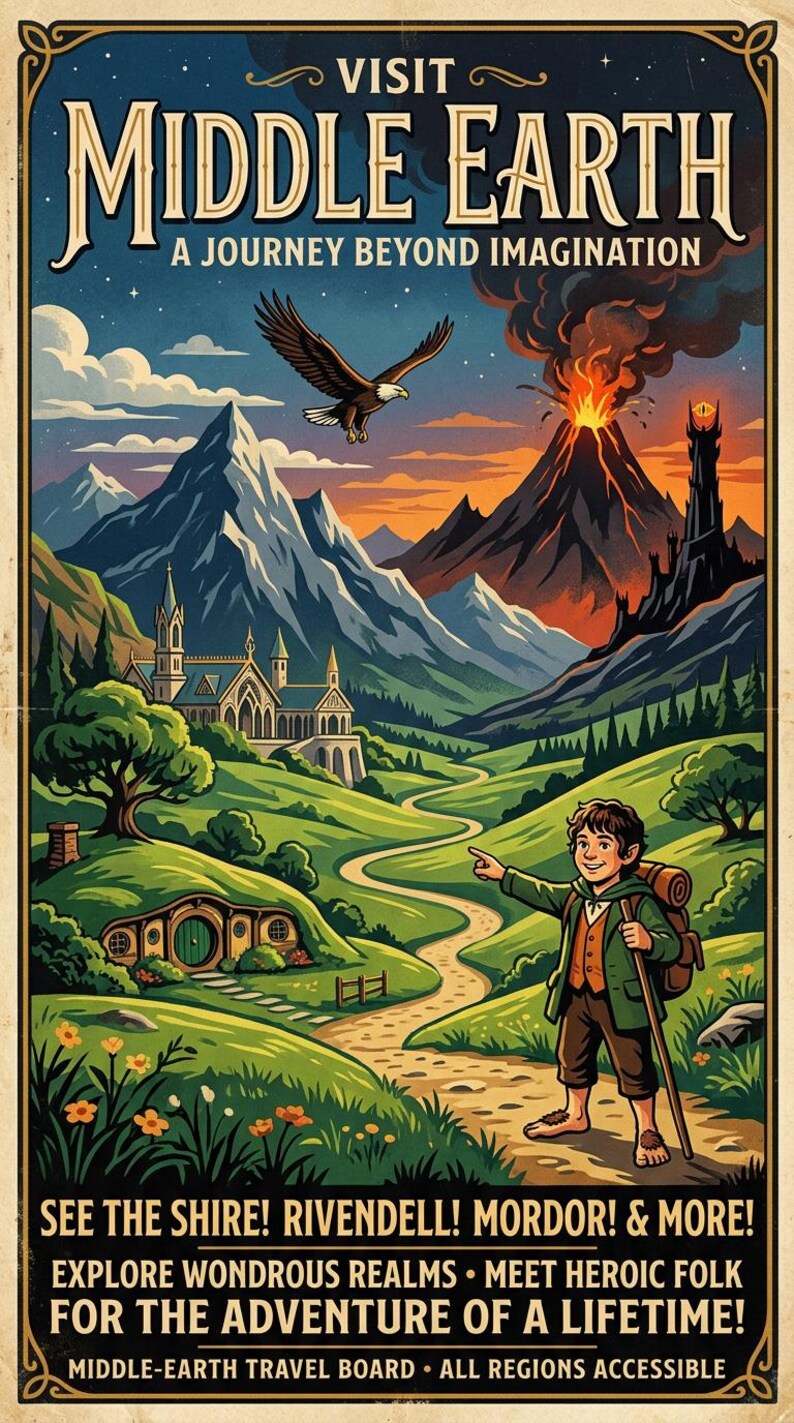 Visit Middle Earth Vintage Travel Poster | Lord of the Rings Inspired ...
