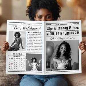 Birthday Newspaper Canva Template, Editable Large Printable Party Newspaper, Photo Shoot Prop, Birthday Invitation, Digital Download