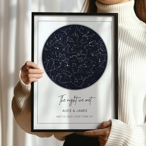 Peut inclure: Impression encadrée en noir avec une carte du ciel bleu foncé. Le texte "The night we met" est au-dessus des noms "ALICE & JAMES" et de la date et du lieu. Bordure blanche.