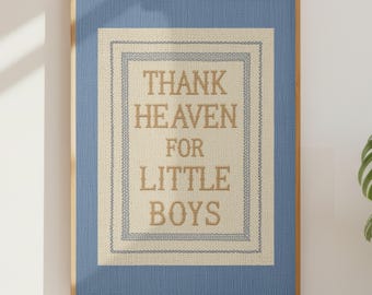 Thank Heaven for Little Boys Embroidered Wall Art, Vintage Cross Stitch Nursery Print, Christian Baby Boy Room Decor, Baby Shower Gift