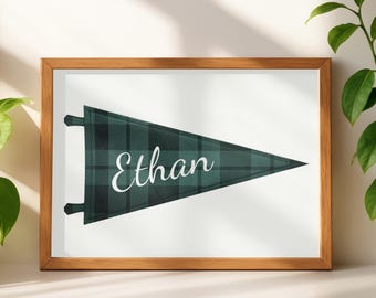 Personalized Name Pennant Banner, Custom Gingham Nursery Wall Art, Vintage Kids Room Decor, Retro Playroom Sign, Baby Name Print