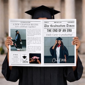 May include: A person in a graduation gown holding a newspaper titled "The Graduation Times." The headline reads "A New Chapter Begins" and "The End of an Era." The newspaper includes the text "Class of 2026."