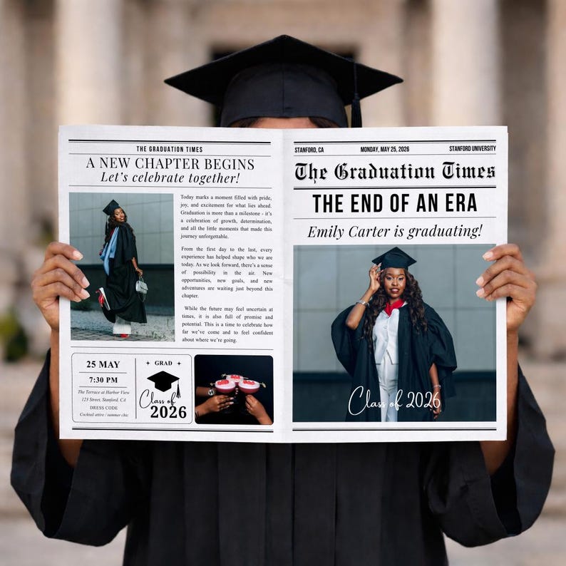 May include: A person in a graduation gown holding a newspaper titled "The Graduation Times." The headline reads "A New Chapter Begins" and "The End of an Era." The newspaper includes the text "Class of 2026."