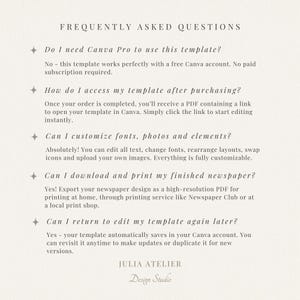 May include: A cream-coloured document with the title "FREQUENTLY ASKED QUESTIONS" in a serif font. The text answers questions about a Canva template, including customisation and printing options. The Julia Atelier Design Studio logo is at the bottom.