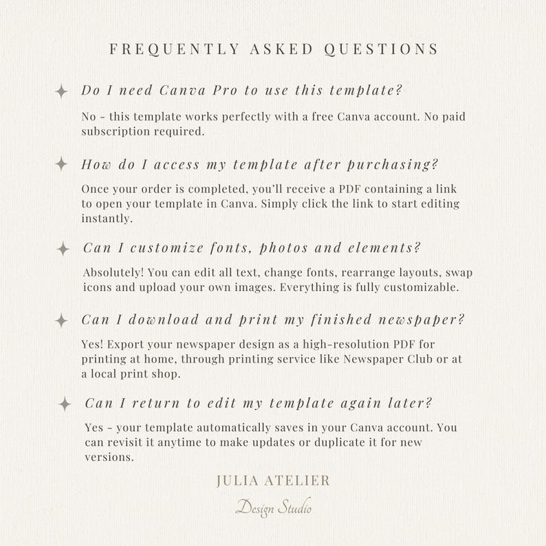 May include: A cream-coloured document with the title "FREQUENTLY ASKED QUESTIONS" in a serif font. The text answers questions about a Canva template, including customisation and printing options. The Julia Atelier Design Studio logo is at the bottom.
