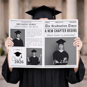 Graduation Newspaper Announcement Template, Photo Shoot Prop, Bouquet Wrap, Editable Canva Template (Digital Download)